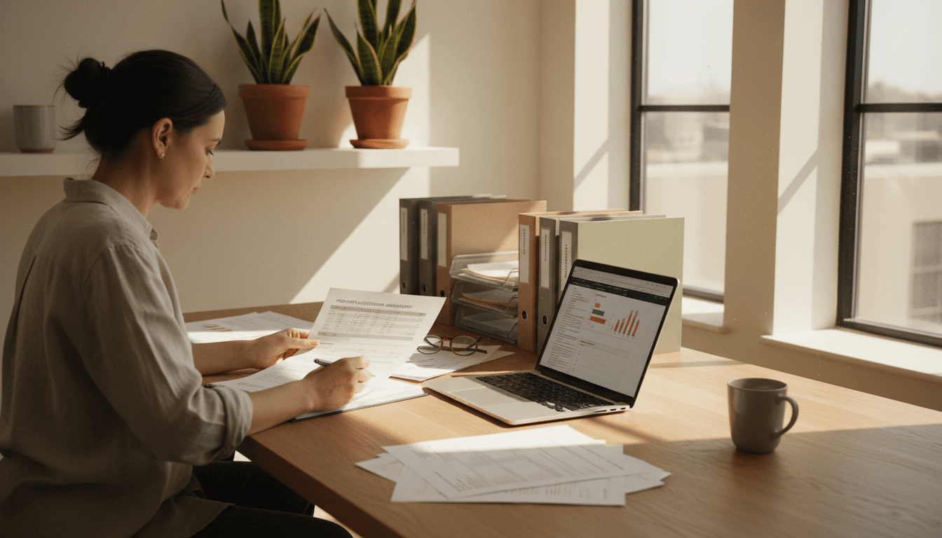 Property manager reviewing investment documents at desk